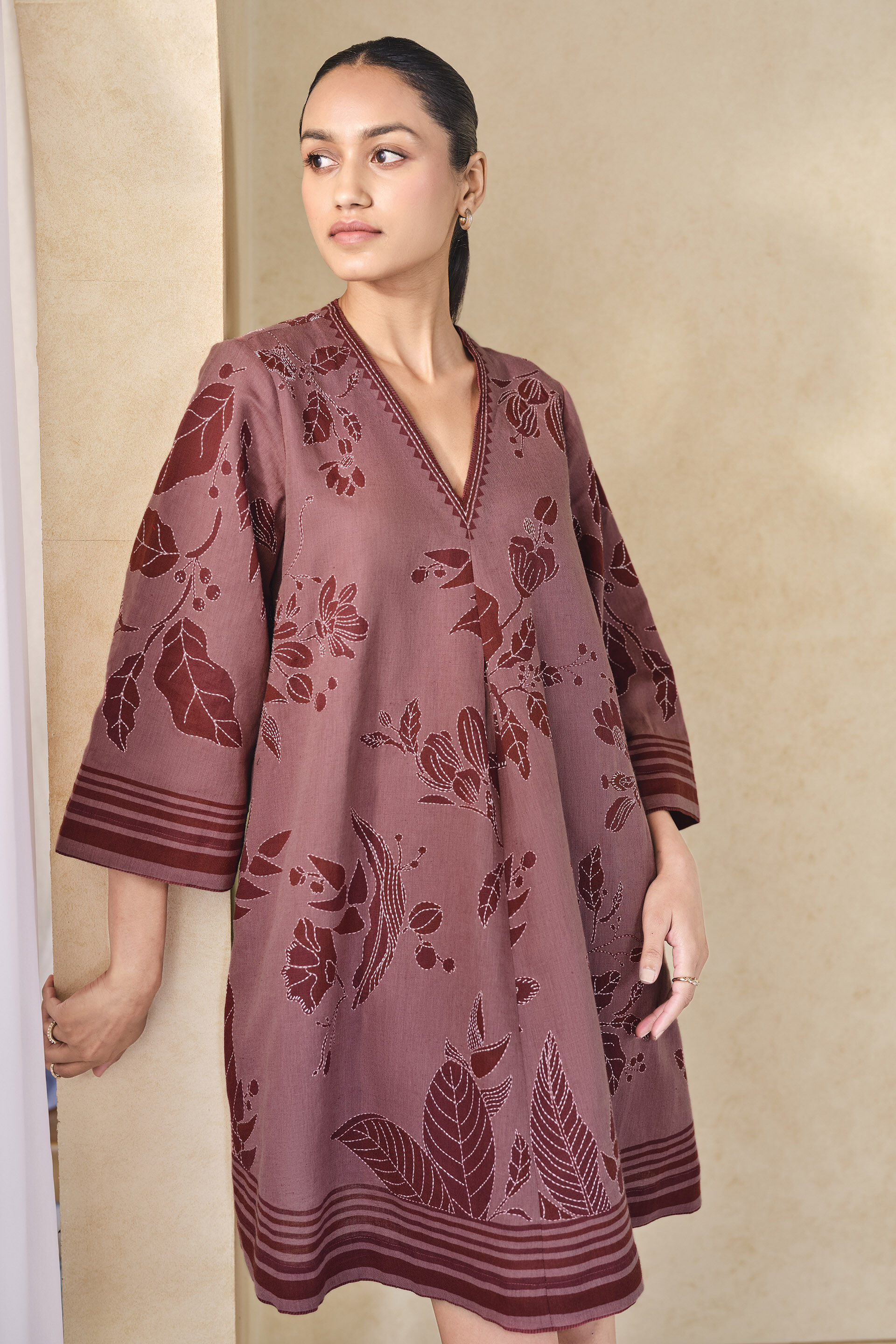 Rhubarb Hand-embroidered Kantha Linen Dress - Pink, Pink, image 4